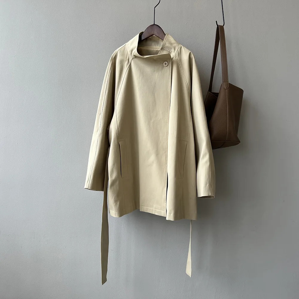 2025 Women Autumn Khaki Trench Coat Stand Collar Women Loose Style Coat With Belt Casaco Feminino Trench Femme 251029