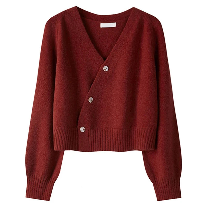 HELIAR Autumn Winter Skew Buttons Cardigan Vneck Sweater Women Knitted Long Sleeve Tops Korean Loose Solid Cashmere 251028