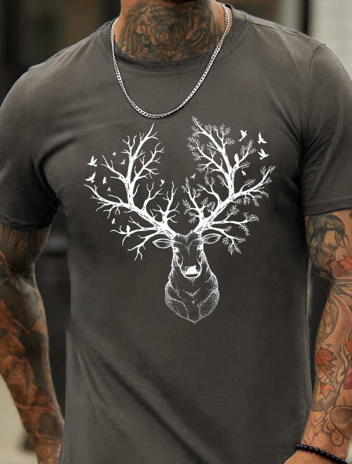 Europe & USA Oversized Forest Deer Print Men's Cotton Summer T-Shirt - TT7187