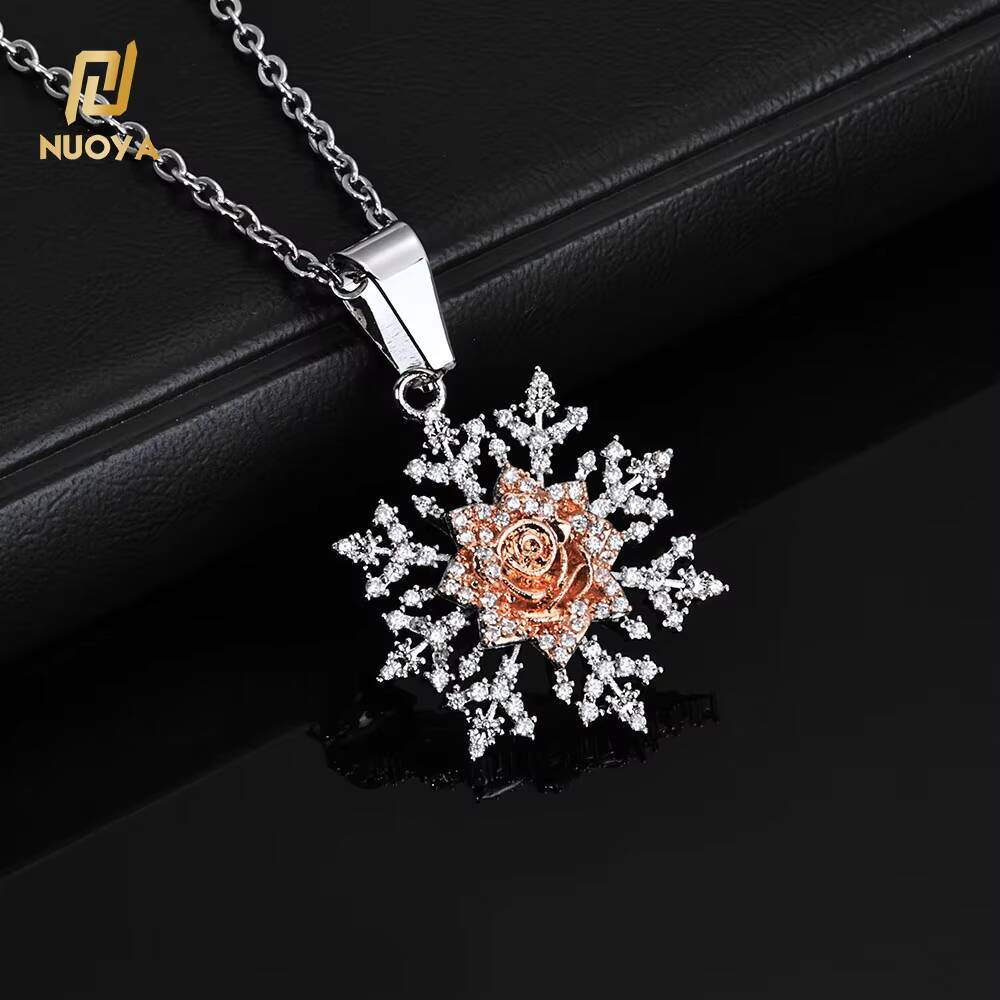 NUOYA Fashion Christmas Jewelry Sparkling Snowflake Pendant With Roses Flowers Full Diamond Pendant Necklace Jewelry Present Designer's style