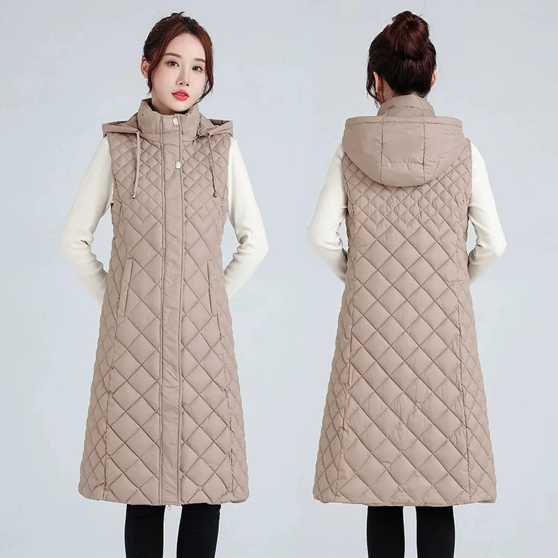 Women Autumn Winter Jacket Mid Long Down Cotton Vest Coat Hooded Windproof Female Waistcoat Sleeveless Jacket Chaleco Mujer 251024