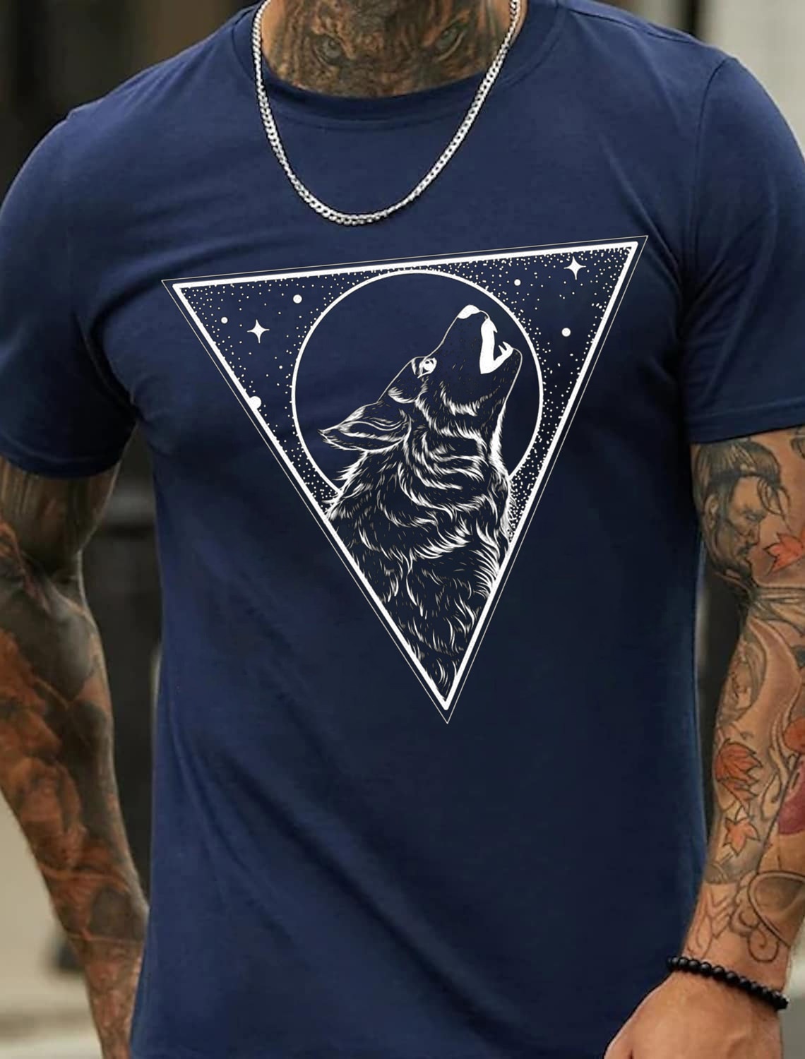 European & American Oversized Wolf Moon Print Men's Cotton Summer T-Shirt - TT7186