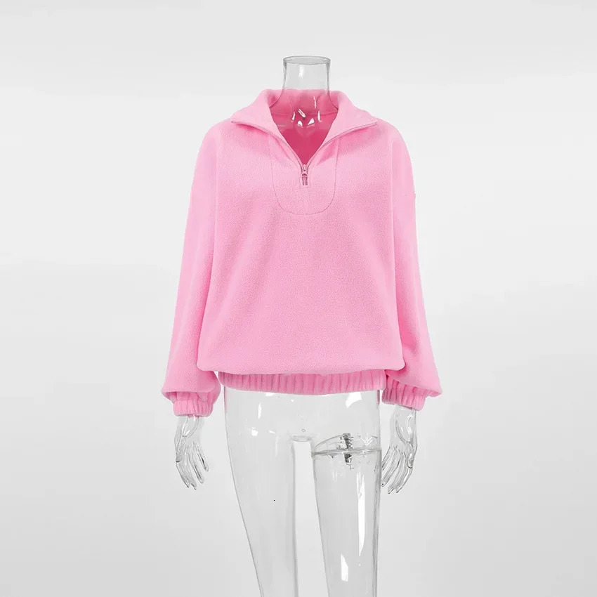 Pink Winter Lamb Fleece Hoodie Women Casual Loose Thick Zipper Long Sleeve Lapel Pullover Top Lady Hoodies Streetwear KPOP 251030