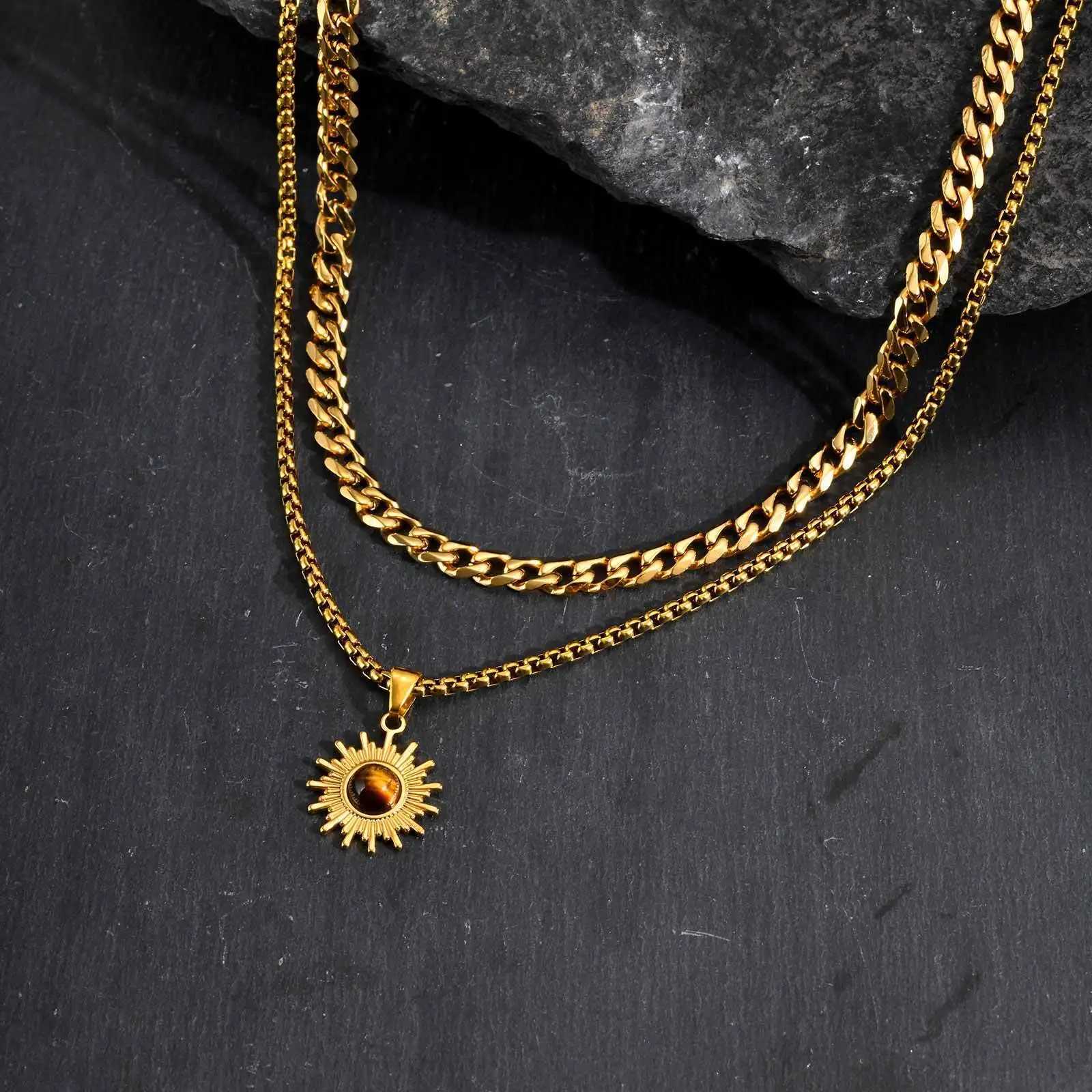 Trendy Sunflower Necklace for Men BoysStainless Steel Natural Stone PendantJewelry Gift for Husband Dad Son BBFXJ251030