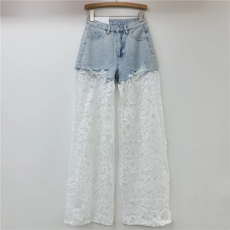 WTHT Fashion Womens Diamonds Patchwork Lace Casual Jeans Winter Trendy High Waist Straight Denim Pants Female 1LS479 251029