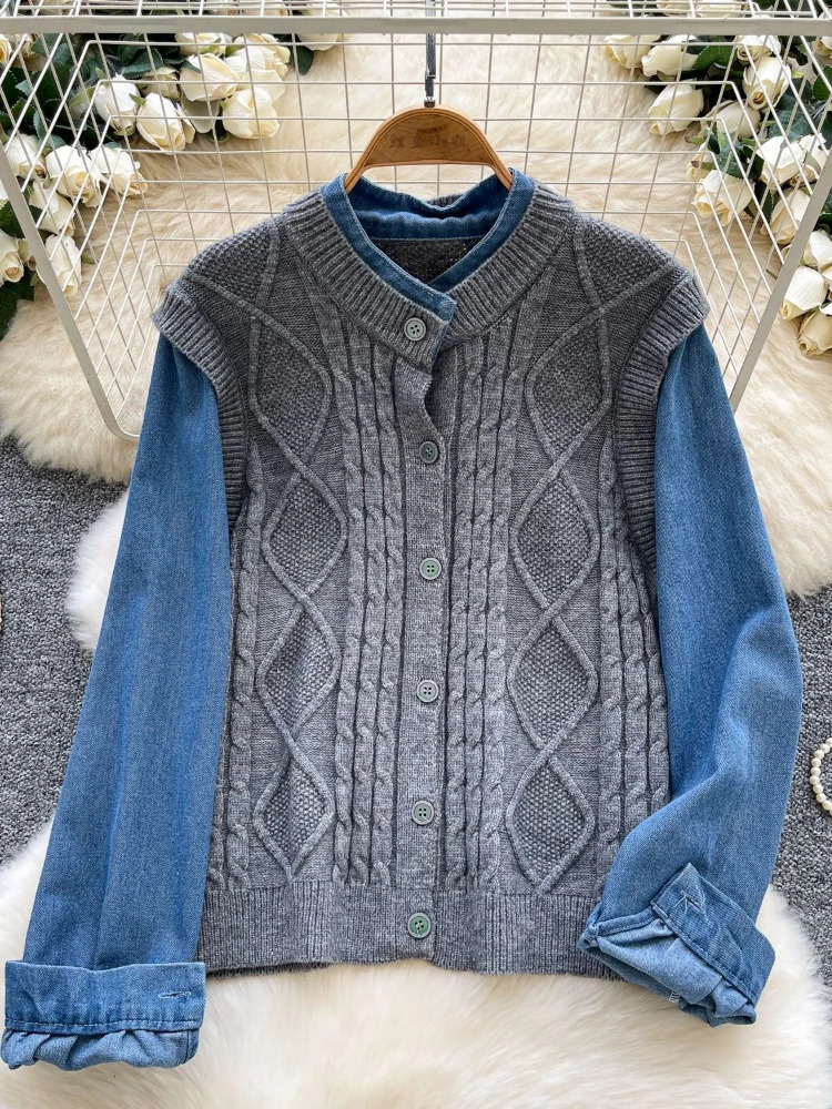 Cardigan Women Sweaters Coats Two s Jackets Full Sleeve Jumpers Y2k Streetwear Elegant Knit Denim Splice Autumn Winter 251029