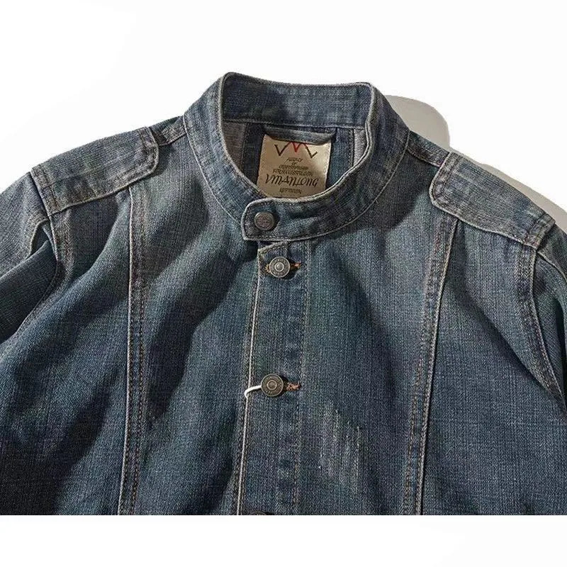 Denim Jacket Mens Vintage Buttons Spring Autumn Oversize Work Jackets Stand Collar Long Sleeves Singlebreasted Cowboy Tops 251016