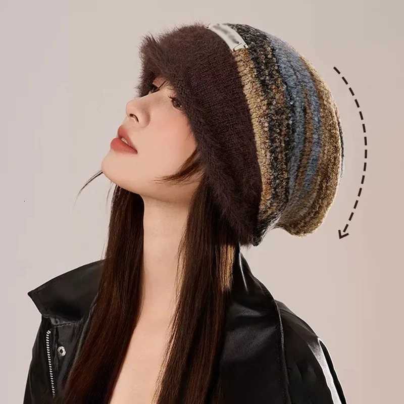 Maillard Fuzzy Warm Beanie Women Stylish Retro Knitted Hat Fall Winter Female Ear Protection Fashion Design Stacked Hat LadiesXJ251030