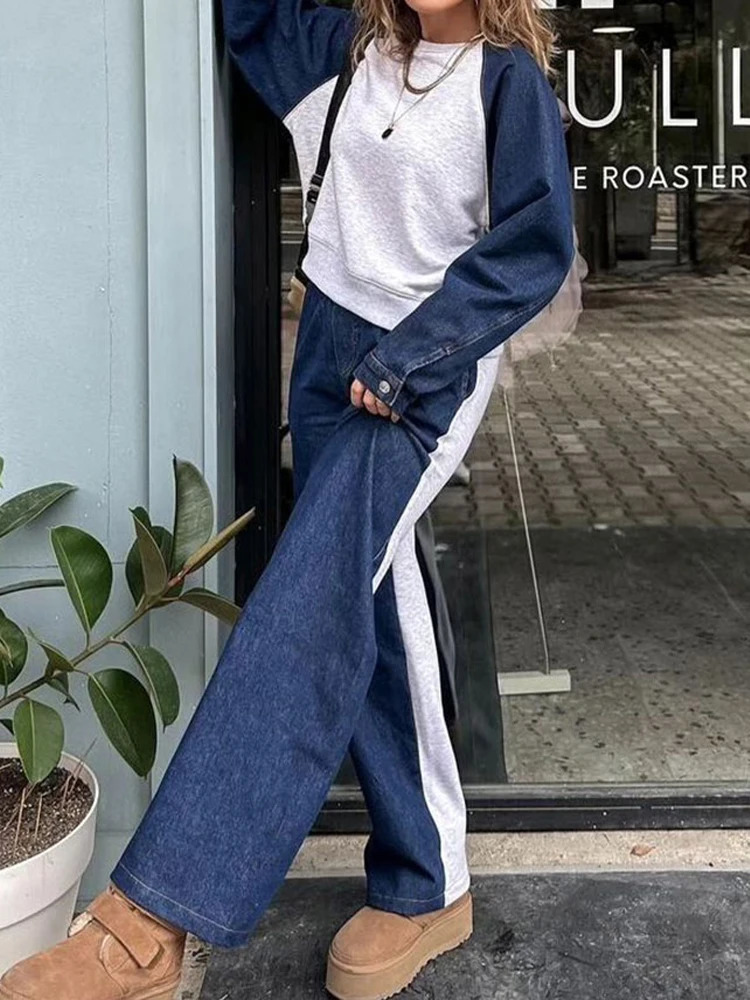HH Summer Womens Retro High Waist Casual Trousers Suit Fashionable Round Neck Spliced denim Sweatshirt Womens Streetwear 251029