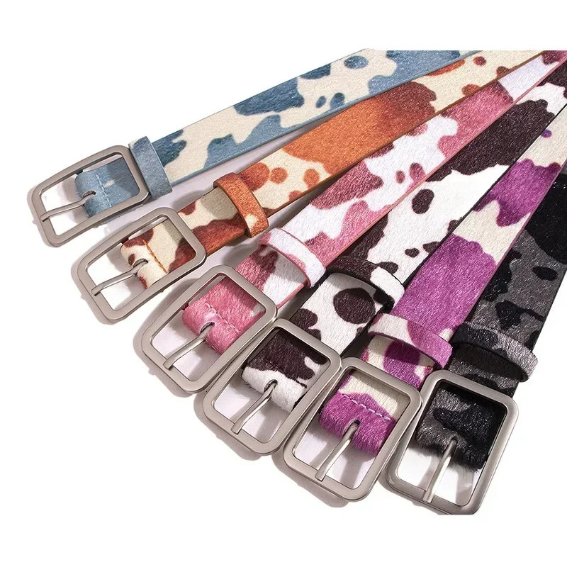 Colorful Cow Print Belts Fashionable Simulated Animal Fur Belts Zinc Alloy Buckles Woman Apparel Accessories 251030