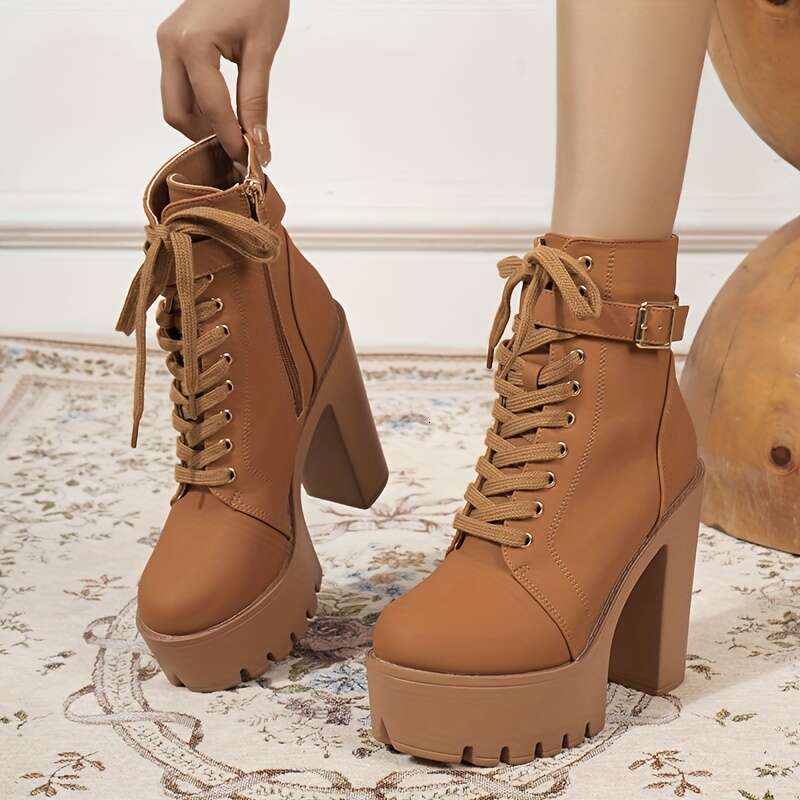 Women's Punk Style Platform Ankle Boots With Chunky Heel, Lace-Up Metal Buckle - Perfect For Parties & Casual Attire