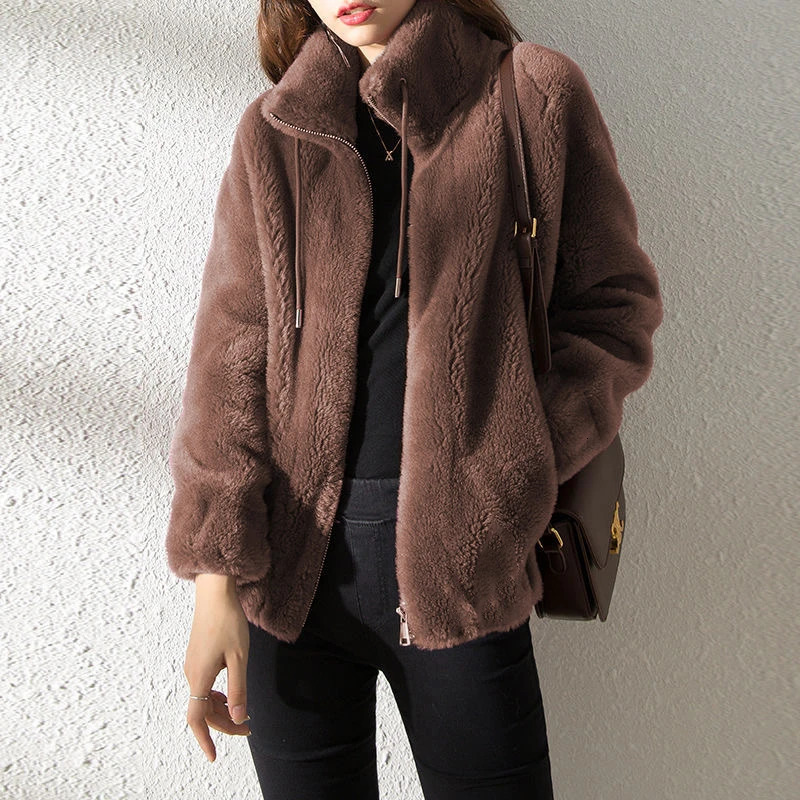 Female Winter Jacket Thickened Doublesided Velvet Standup Collar Warm Retro Style Elegant Short Womens Cardigan Clothes 251028