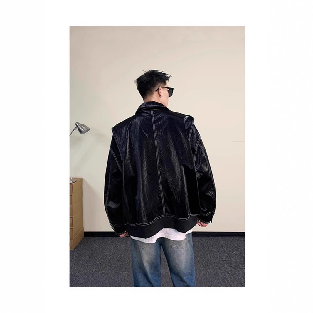 High-end Liquid Designer Coat Glossy Padded Shoulder Leather Jacket For Men Autumn New Trendy Loose Fit Versatile Coat