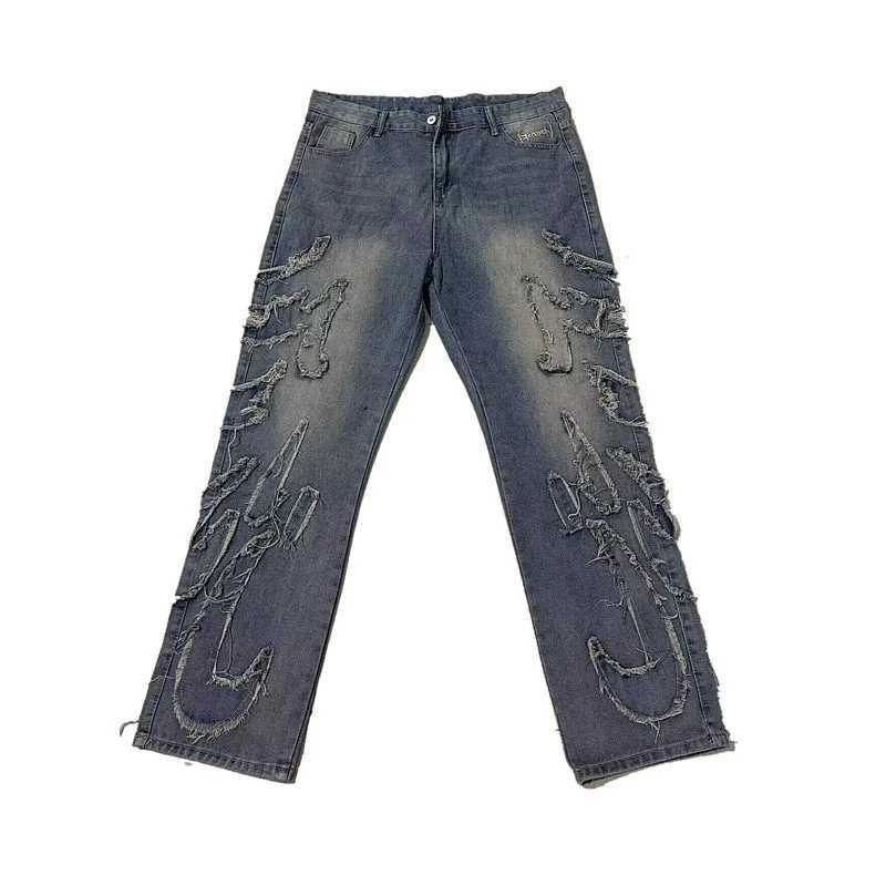 2024 Ropa Y2K Streetwear Flame Embroidery Baggy Stacked Jeans Pants For Men Clothes Harajuku Vintage Women Gothic Denim Trousers J251030