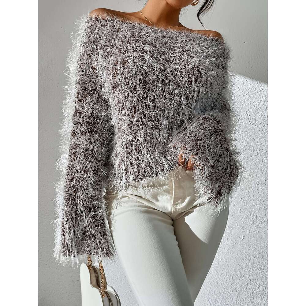 Sexy Off-The-Shoulder Long Sleeve Chic With Fluffy Texture, Soft Sweater For Fall/Winter, Party Everyday Outfits - Women's Fashion Sweater, Winte