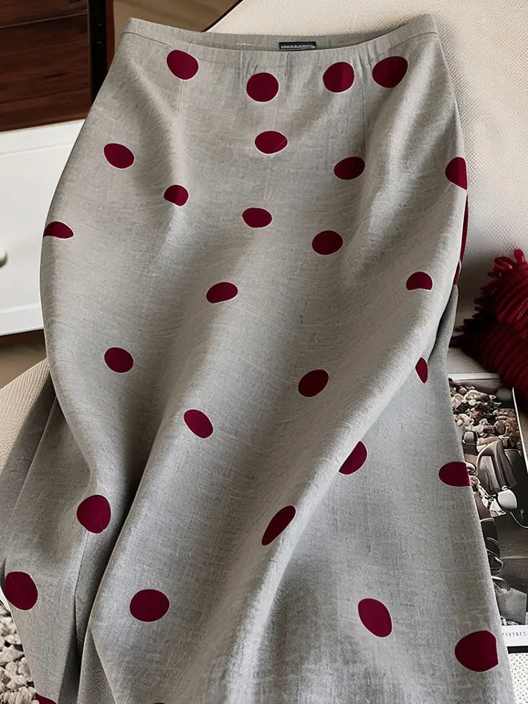 Xgoth Grey Polka Dot Straight Tube Aline Long Skirts for Women Spring Stylish French Vintage High Waist Slimming Midi Skirt 251028