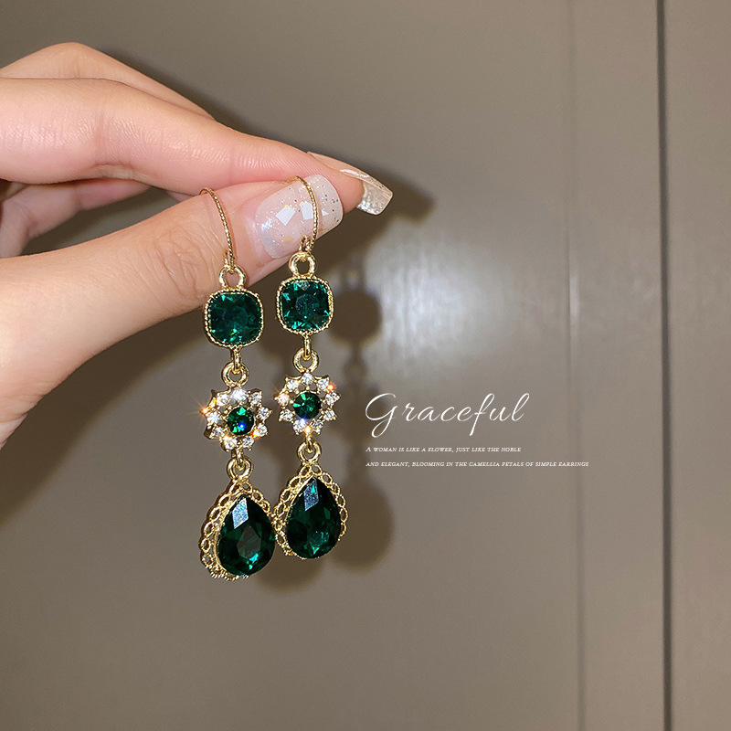 Korean Long Style Dia-Encrusted Emerald Ear Hook Water Drop Flower Zircon Elegant Light Earrings for Women