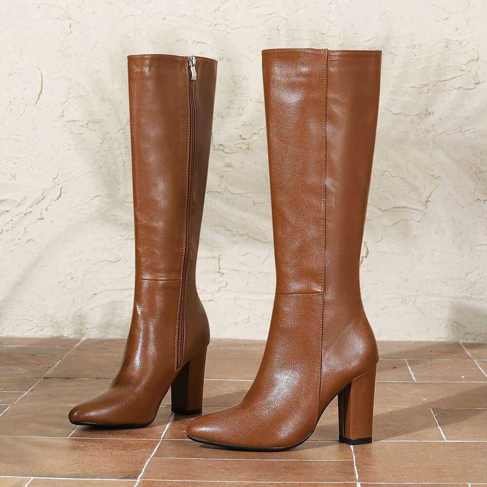 Women's Knee-High Boots, Casual Solid Color, High Heel Block, Pointed Toe, Platform, With Side Zipper, Durable Fashionable, For All-Season, Style