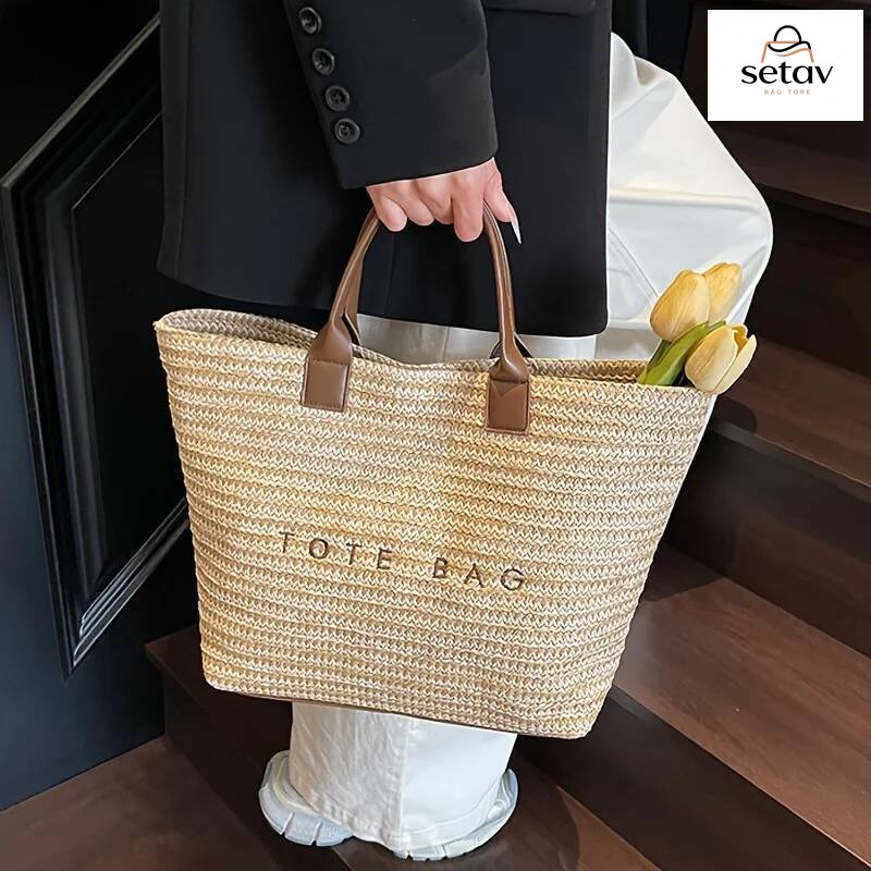 Luxury Handbag Handheld Large Capacity Commuting Letter Embroidered Women's Fashionable Casual Grass Woven Tote Bag, Handbag Handbag