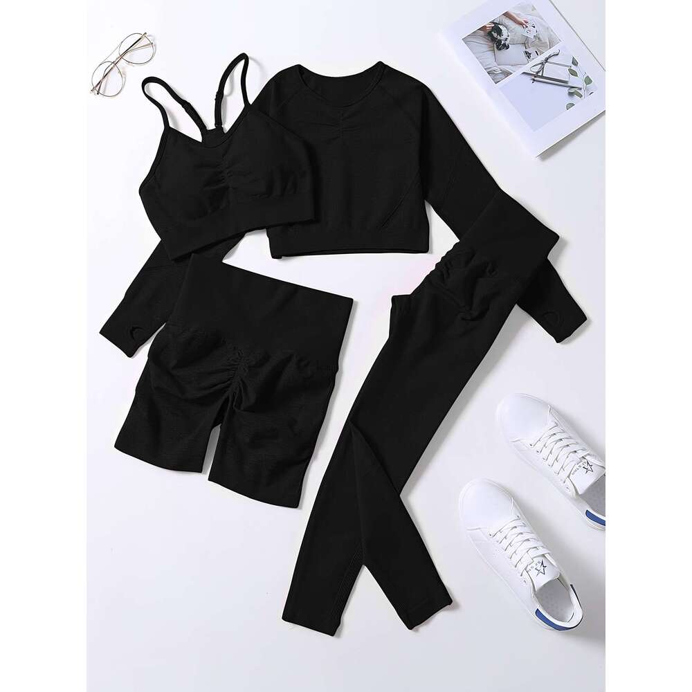 Smiling Face Style Workout Outfits for Women 4pcs Ribbed Seamless Crop Tank High Waist Yoga Leggings Sets
