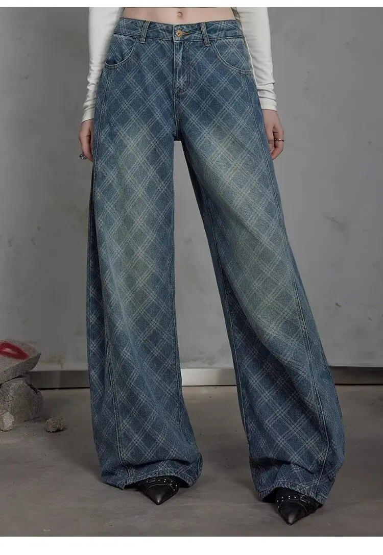 Grid Jeans American Casual Style Vintage Straightcut Loosefitting Highstreet Wideleg Pants Y2k Baggy Jeans Ladies Jean Woman 251029