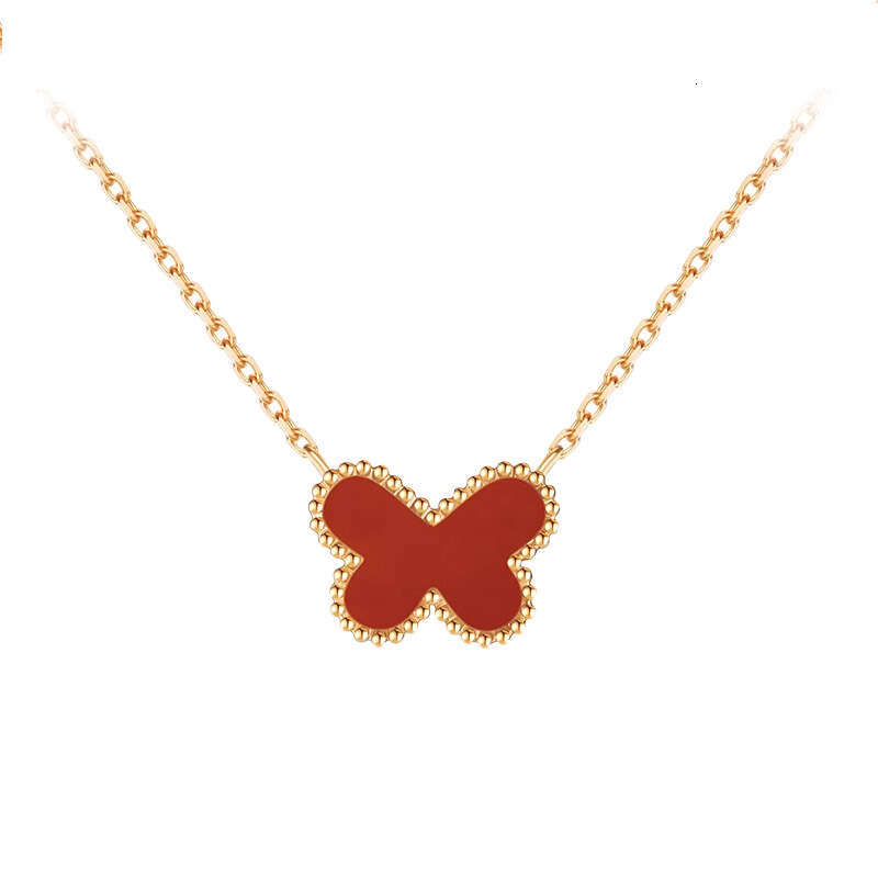 S Pure Sier Red Agate Lucky Butterfly Four-Leaf Clover Necklace for Women, Light Niche Design, High-End Clavicle Chain