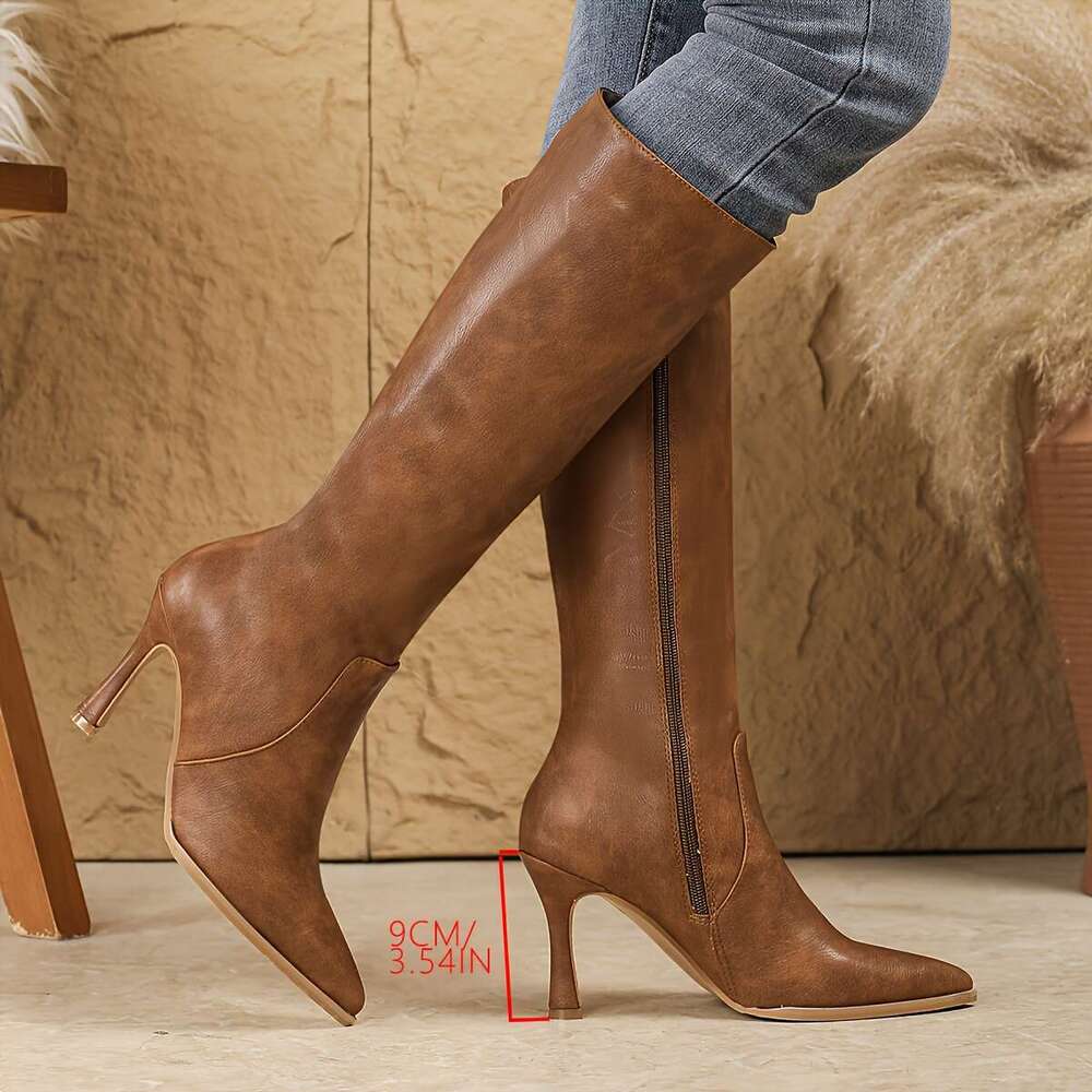 Elegant Brown British Style Ladies' Autumn Boots - Soft Cover, Pointed Toe, Slimming, High-End Versatile Fashion With Coat, Ideal For Banquets An