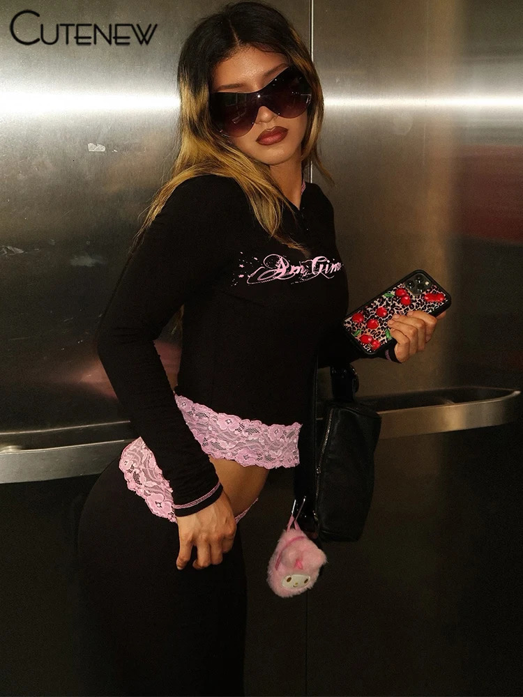 Cute Lace Patchwork Women 2 Piece Set Autumn Matching Outfits Printed Hooded Crop TosHigh Waist Pants Female Streetwear 251029