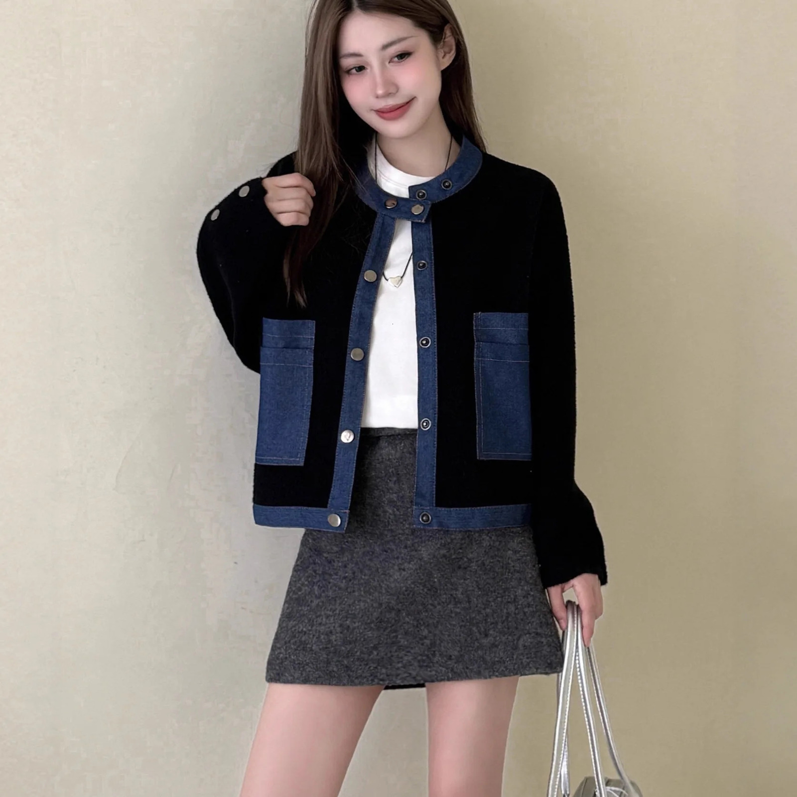 Women Cardigan Sweaters Coats Denim Splice Jackets Round Neck Jumpers Y2k Streetwear Elegant Knit Open Stith Autumn Winter 251029
