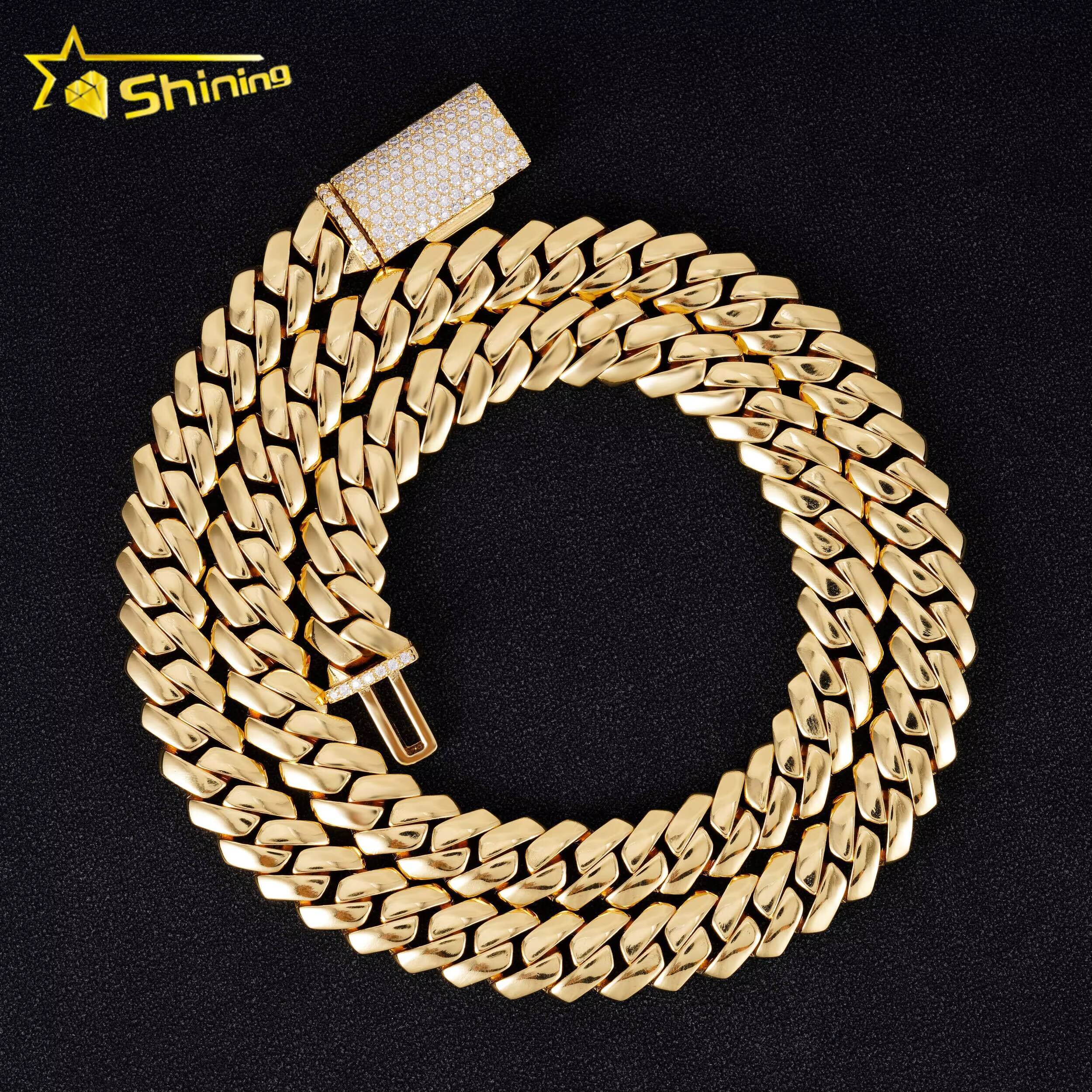 Hip Hop Jewelry Custom Moissanite Lock 12MM 14K Gold Plated Necklace Plain Silver 925 Square Cuban Link Chain