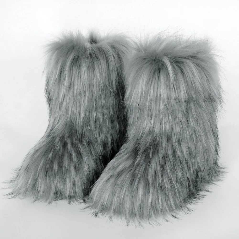 Womens Furry Boots Warm Shoes MidCalf Raccoon Fur Winter Snow Boots Z251029