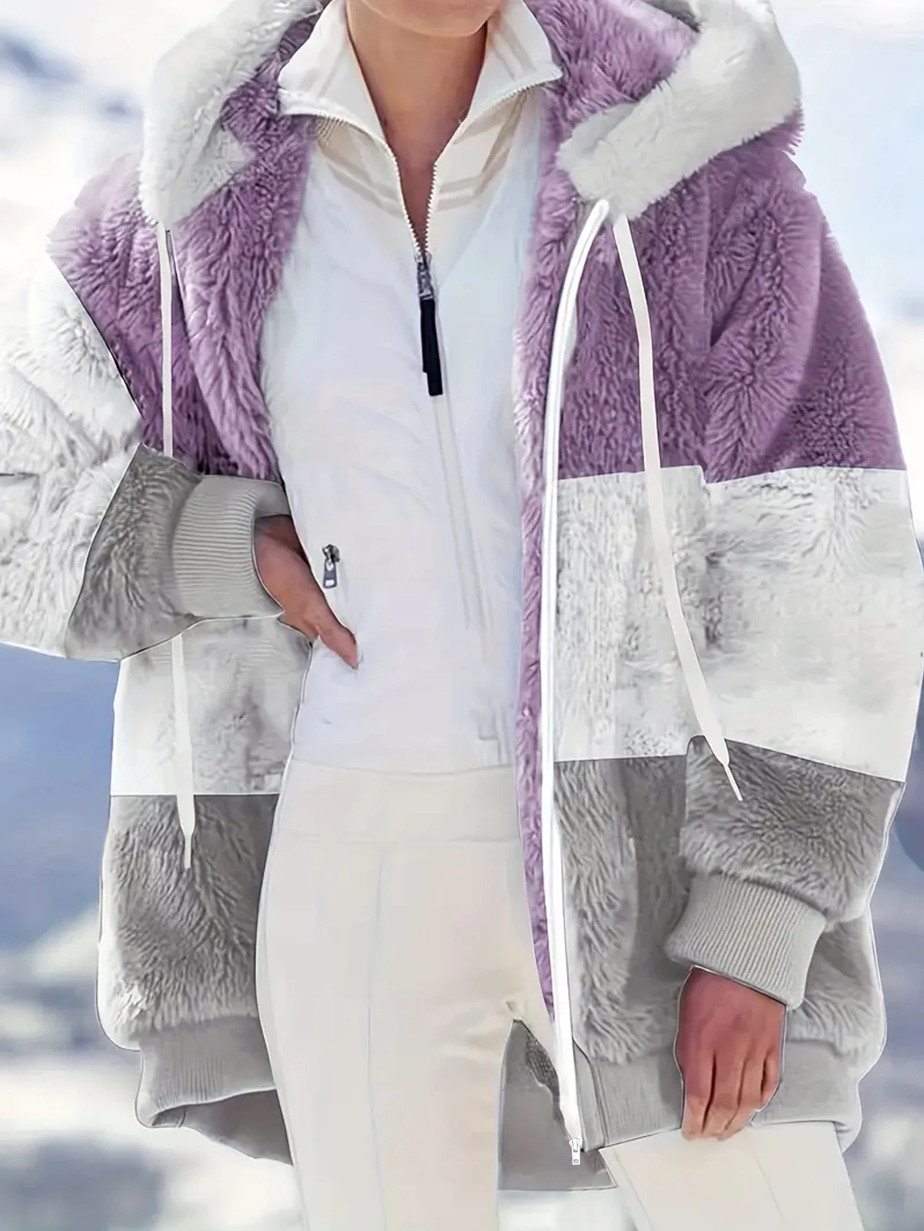 Plus Size AutumnWinter Arrivals Womens DropShoulder LongSleeved ColourBlock Patchwork Fleece Hooded Jacke 251028