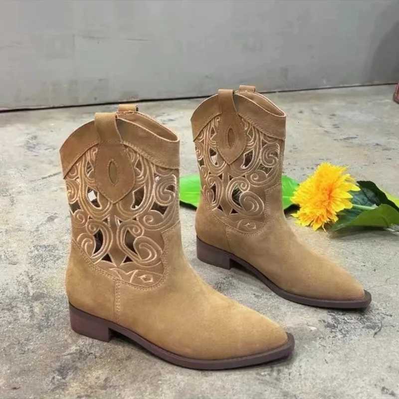 Luxury New Western Cowboy Boots Embroidered Hollow Womens Thick Heel Knight Boots Ethnic Style Retro Casual Ancient Short Boots Z251029