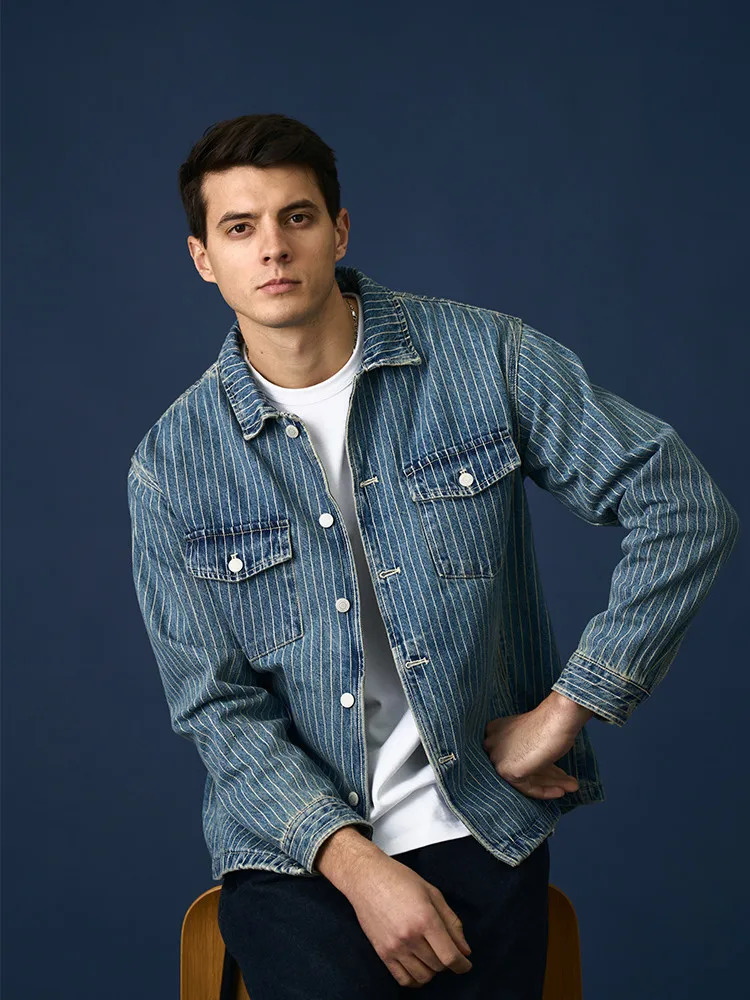 High Strandard Series 2025 Autumn Oversize 125 OZ Fabric Vertical Striped Denim Jackets 251010