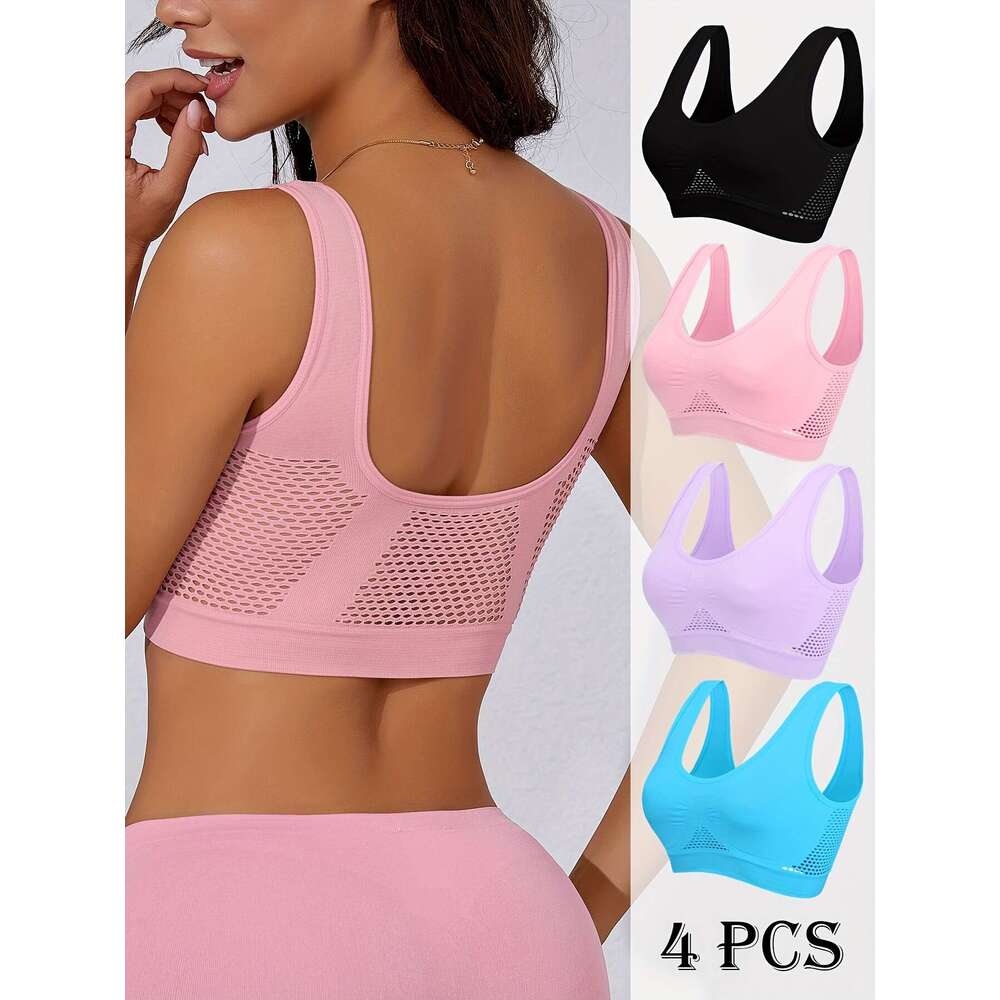 4pcs Women's High- Racerback Sports No Padding, Full-Coverage Back Panel & High Mesh-like Cutouts, Breathable Yoga Gym Running Bras Pink/Black//T