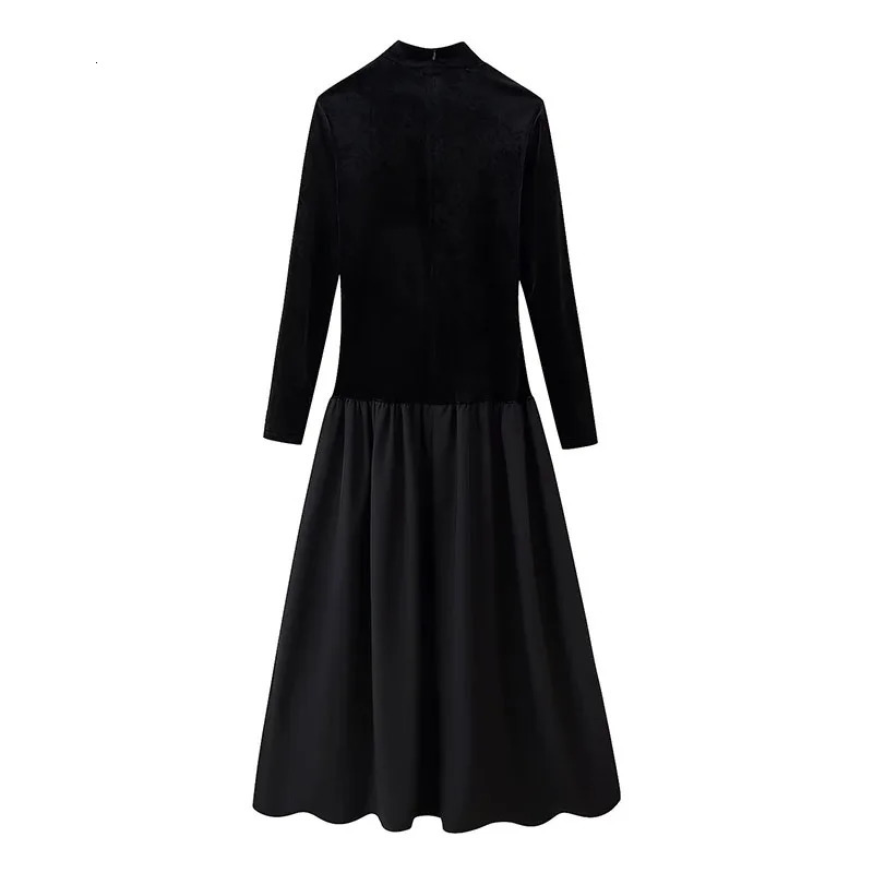 Fashion Velvet Patchwork Maxi Dress Women Elegant HalfHigh Collar Evening Party Vestidos Long Sleeve Black Dresses 251027
