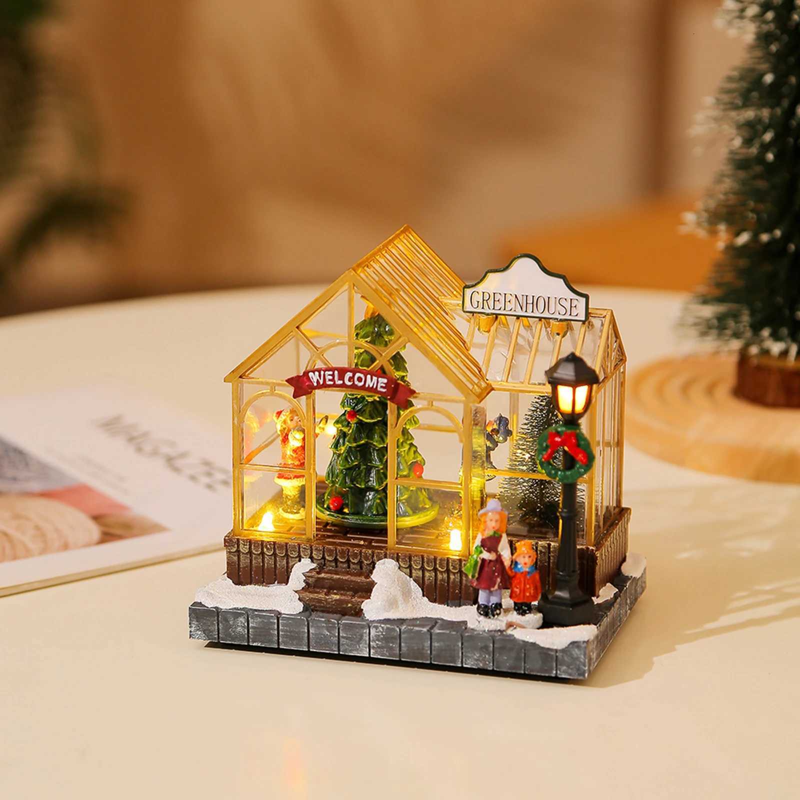 Christmas Village House Figurines Lighted Christmas Collectible Buildings Decoration with Music New Year Decor C251030