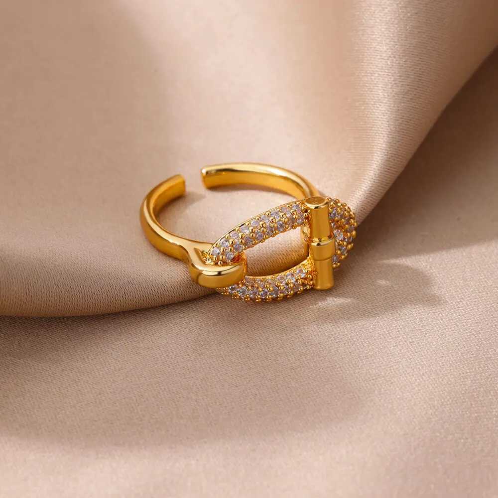 Stainless Steel Oval Hollow Zircon Open Rings For Women Gold Color Trendy Wedding Aesthetic Ring Summer Jewelry Accessories BFFW251030