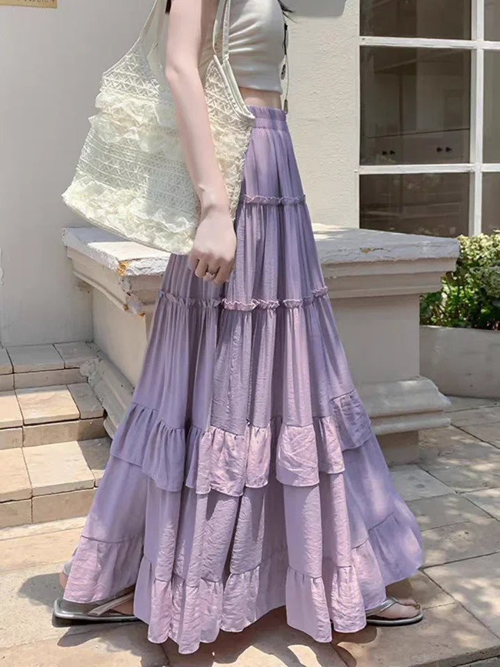 White Tiered Ruffle Hem Skirt 2025 High Waist Flowy ALine Maxi Skirt Summer Chiffon Layered Skirt with Pleats 251028