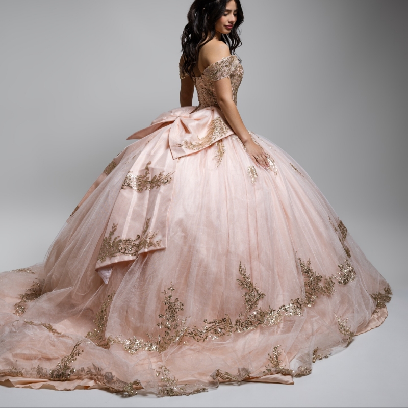 Pink Shiny Quinceanera Dresses Off The Shoulder Applique Lace Beads Bow Tull Party Birthday Sweet 16 Dress Vestidos 15 Anos