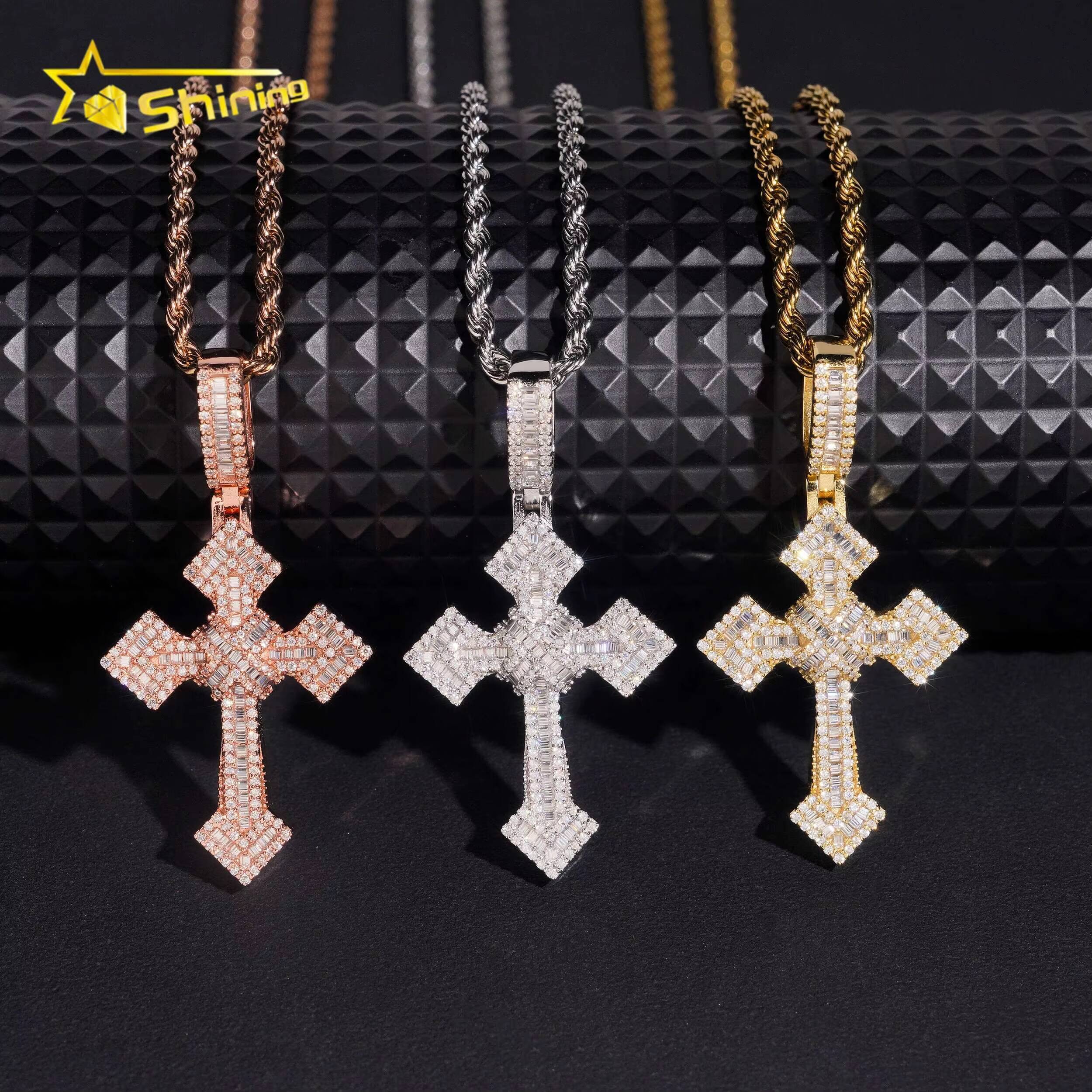 Hip Hop 925 Silver Iced Out Moissanite Cross Pendant Gold Plated Fine Jewelry Custom Pendant Moissanite Men Charms Designer's style