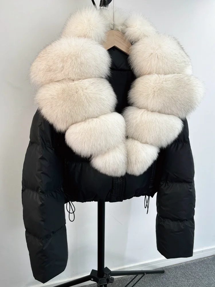 Janveny Large Natural Fox Fur Collar 90 White Duck Down Jacket Women Winter Short Waterproof PU Puffer Coat Female Thick Parkas 251023