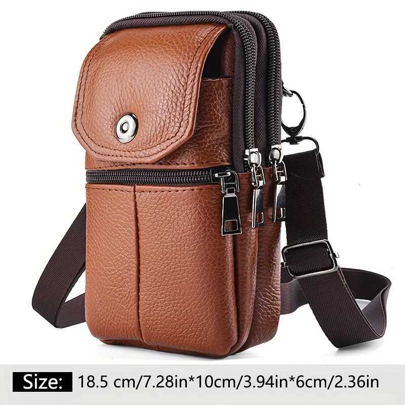 Mens genuine leather waist bag mtifunctial zipped phe pouch with adjustable shoder strap Y251011