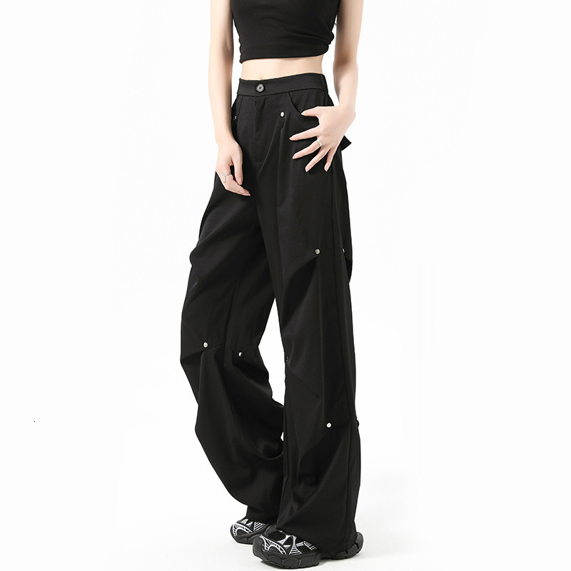 Designer Luxury American Women's Work Pants, Autumn And Winter, Wool Lining, High Waist, Slim Fit, Straight Legs, Rivets, Pleats, Loose, Wide Leg