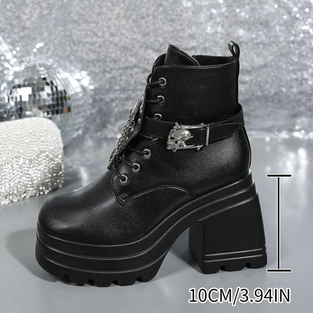 Black Platform Gothic Boots For Women Chunky High Heeled Combat Ankle Boot Lace Up Zipper Punk Short Booties