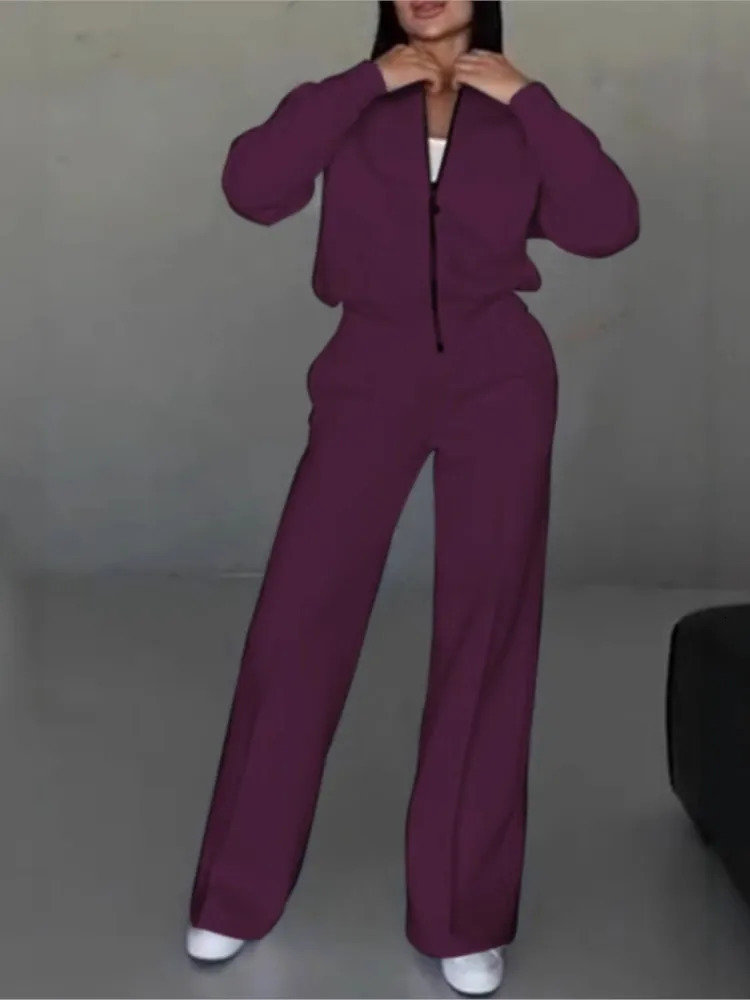 Women Tracksuit 2 Pieces Set Fashion Long Sleeve Zipper Coat Casual Solid Sweatshirt Straight Pants Suit Ladies Autumn Sportwear 251029