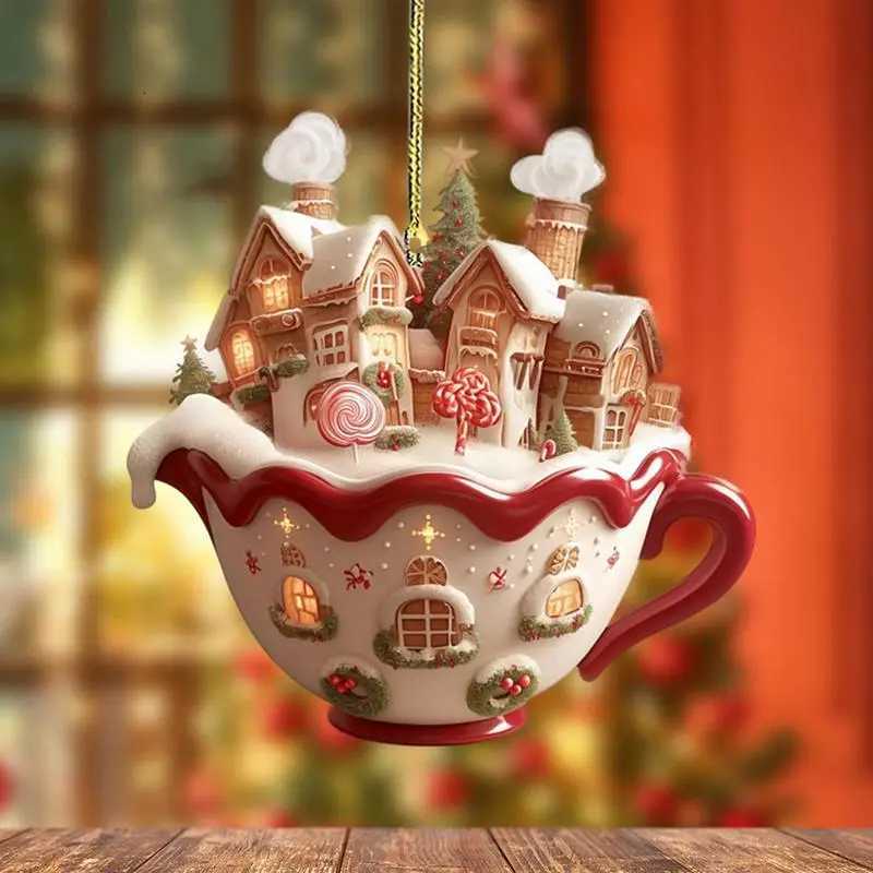 Acrylic coffee cup ornament 2D Art Keychain Pendant Christmas Snow House Pendant Decoration Christmas tree pendant decoration C251030