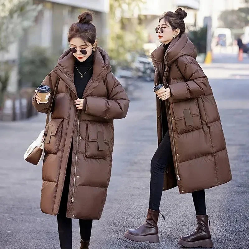 Mid to Long Down Jacket Knee Length Winter Item Thickened Warm Fashionable Loose Versatile Jacket Womens Solid Color 251030