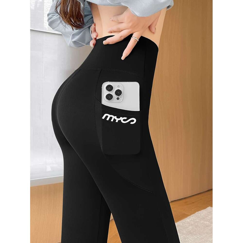 High-Waist Fleece-Lined Yoga Pants with Pockets - Butt Lifting, Tummy Control, Slimming Cropped Leggings Women, Black, Stretchy Polyester Activewear f