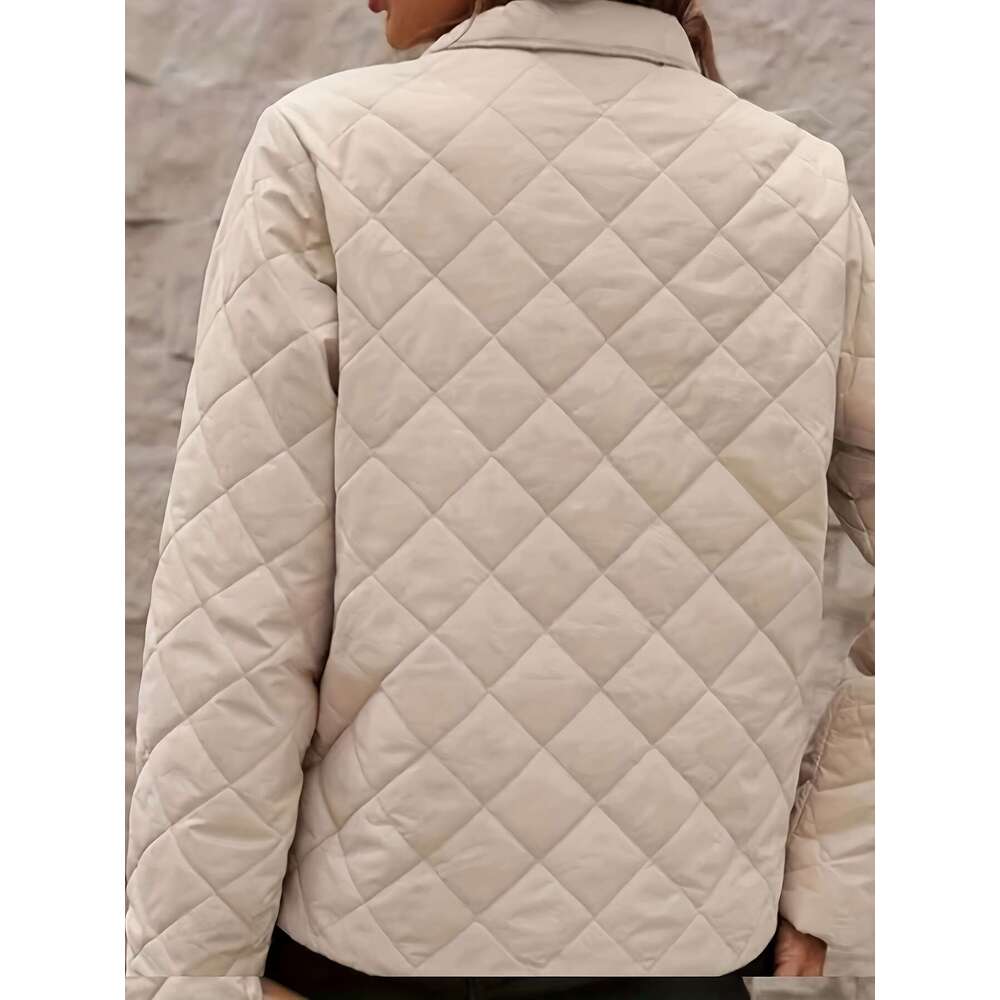 Quilted Women Quilted Beige Jacket Women Long Sleeve Zip Up Coat With Stand Up Collar Front Zipper Closure Warm Outerwear For Fall Winter Everyday For